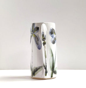 Large blue flowers jug vase - stoneware - ceramic - handmade