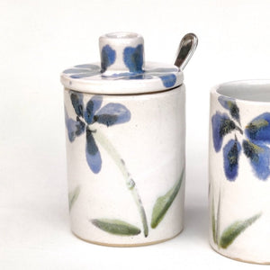 Blue flowers hand-made hand-painted stoneware ceramic lidded jar