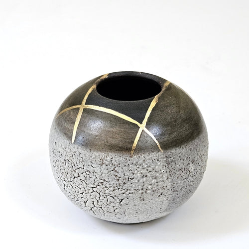 Naughts and Crosses. Mini lichen moon jar with black velvet and gold cross