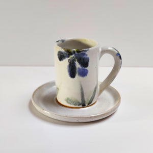 Espresso coffee cup mini mug handmade stoneware ceramic Blue flowers hand painted on tin glaze (majolica)