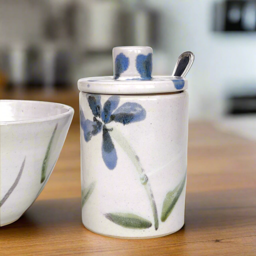 Blue flowers hand-made hand-painted stoneware ceramic lidded jar