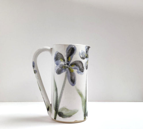 Large blue flowers jug vase - stoneware - ceramic - handmade