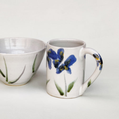 Espresso coffee cup mini mug handmade stoneware ceramic Blue flowers hand painted on tin glaze (majolica)