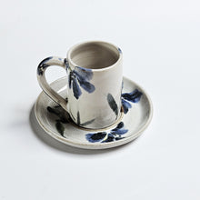 Load image into Gallery viewer, Espresso coffee cup mini mug handmade stoneware ceramic Blue flowers hand painted on tin glaze (majolica)