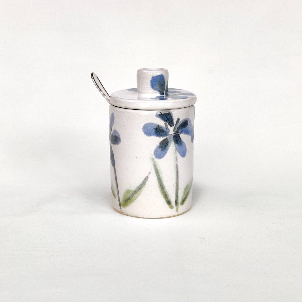 Blue flowers handmade handpainted stoneware ceramic lidded jar