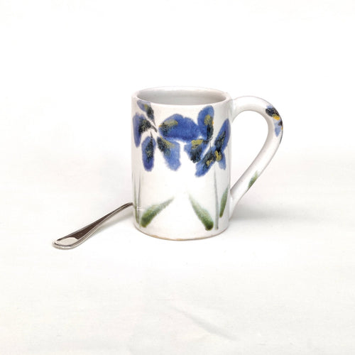 Coffee cup - mug - blue majolica flowers hand painted on white tin glaze - handmade - also made to order