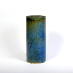 Tall bronze blue green stoneware cylinder vase