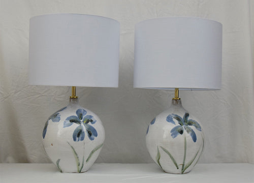 Pair of Handmade Lamp Bases Stoneware Ceramic Majolica Blue Flowers MADE TO ORDER