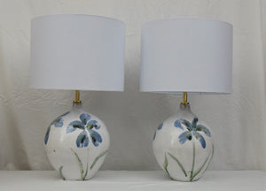 Pair of Handmade Lamp Bases Stoneware Ceramic Majolica Blue Flowers MADE TO ORDER